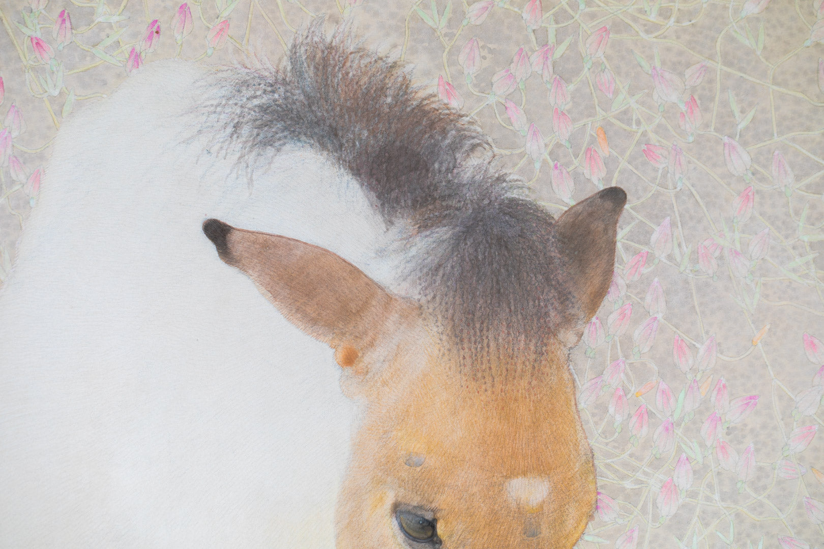 alt="Close-up detail of Ko painting showing the young foal and blossoms by Koichi Takeuchi in Nihonga style"
