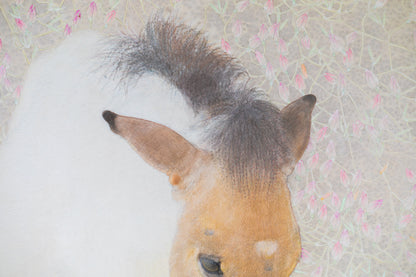 alt="Close-up detail of Ko painting showing the young foal and blossoms by Koichi Takeuchi in Nihonga style"
