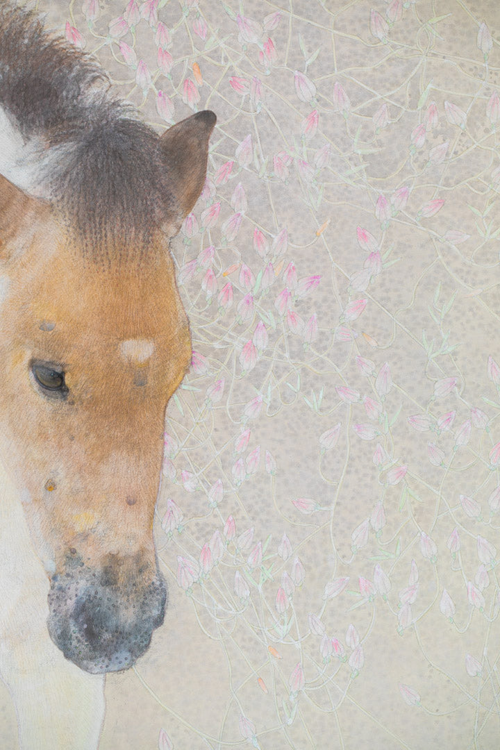 alt="Close-up detail of Ko painting showing the young foal and blossoms by Koichi Takeuchi in Nihonga style"
