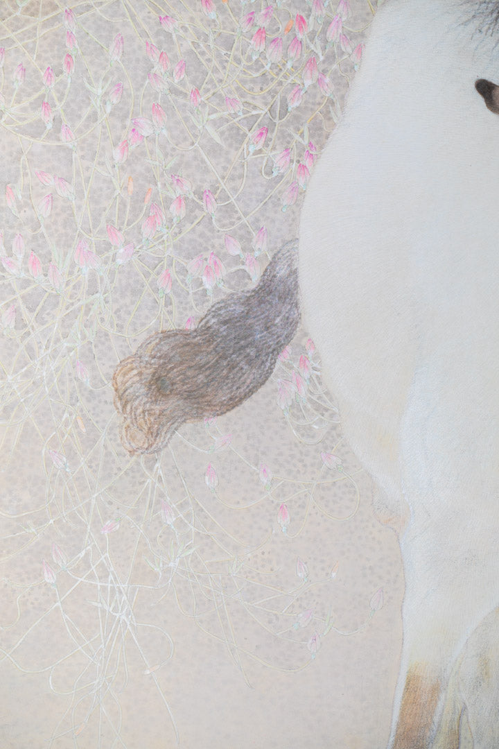 alt="Close-up detail of Ko painting showing the young foal and blossoms by Koichi Takeuchi in Nihonga style"

