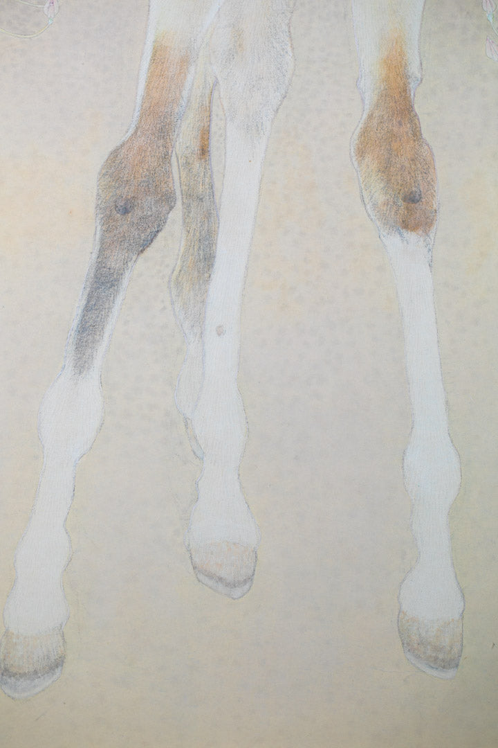 alt="Close-up detail of Ko painting showing the young foal and blossoms by Koichi Takeuchi in Nihonga style"
