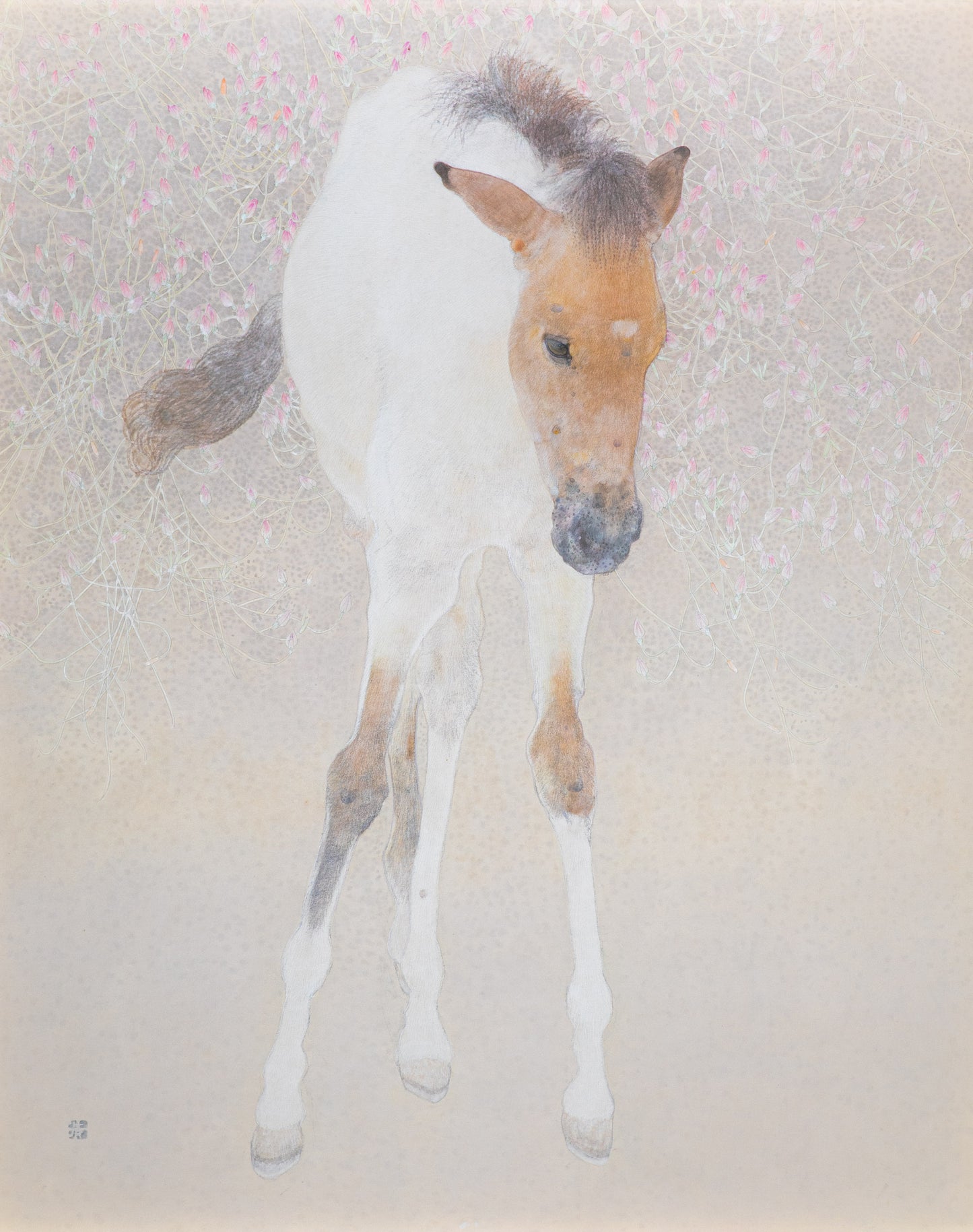 alt="Ko painting with a young foal among delicate pink blossoms by Koichi Takeuchi in Nihonga style"