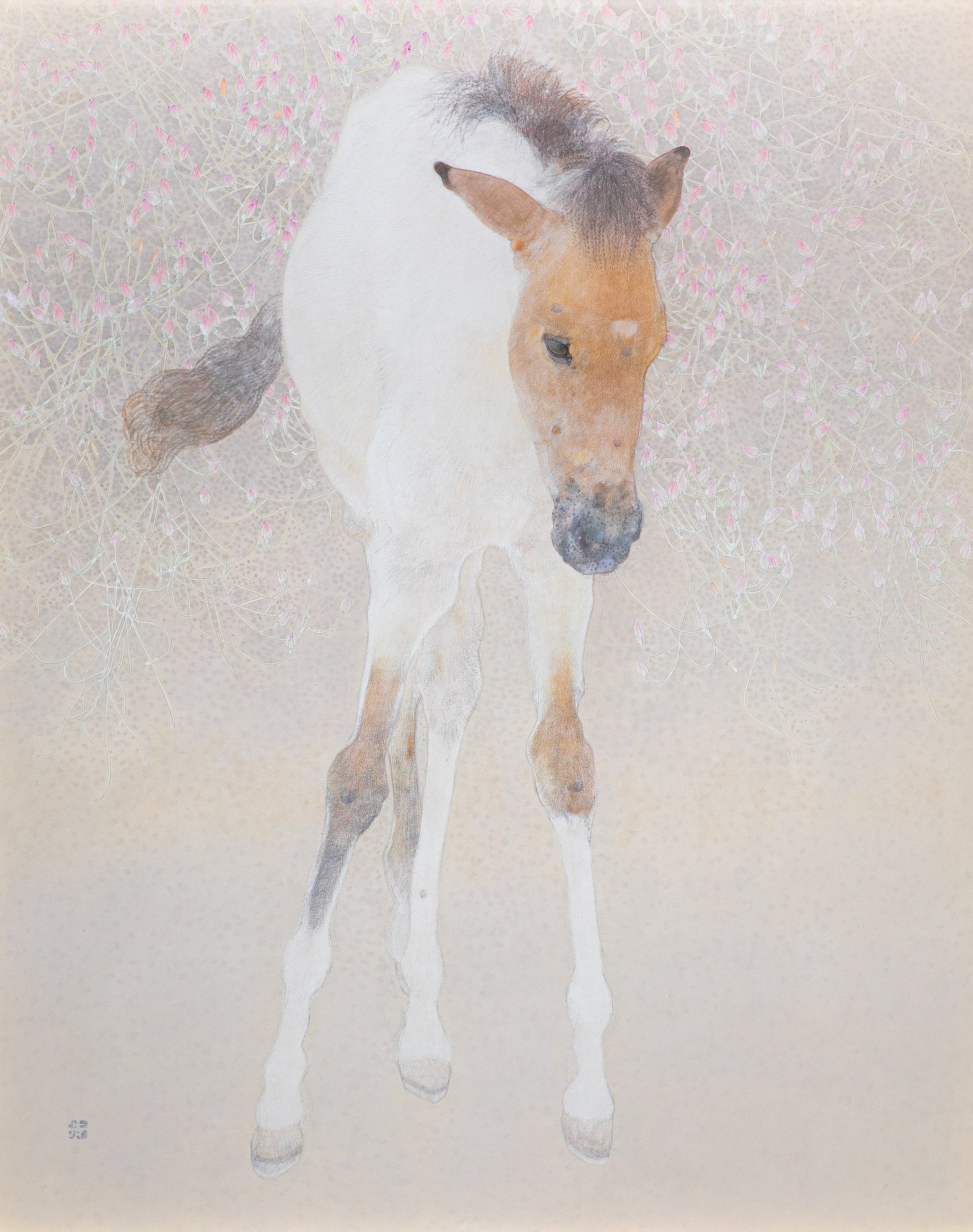 alt="Ko painting with a young foal among delicate pink blossoms by Koichi Takeuchi in Nihonga style"