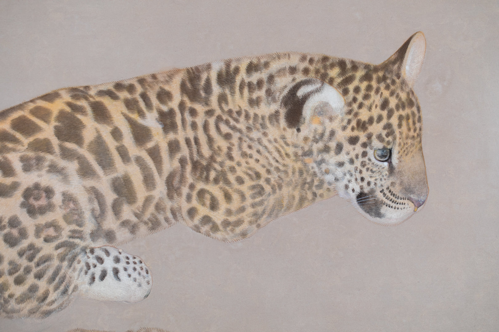 alt="Close-up detail of Madara painting showing the young jaguars by Koichi Takeuchi in Nihonga style"
