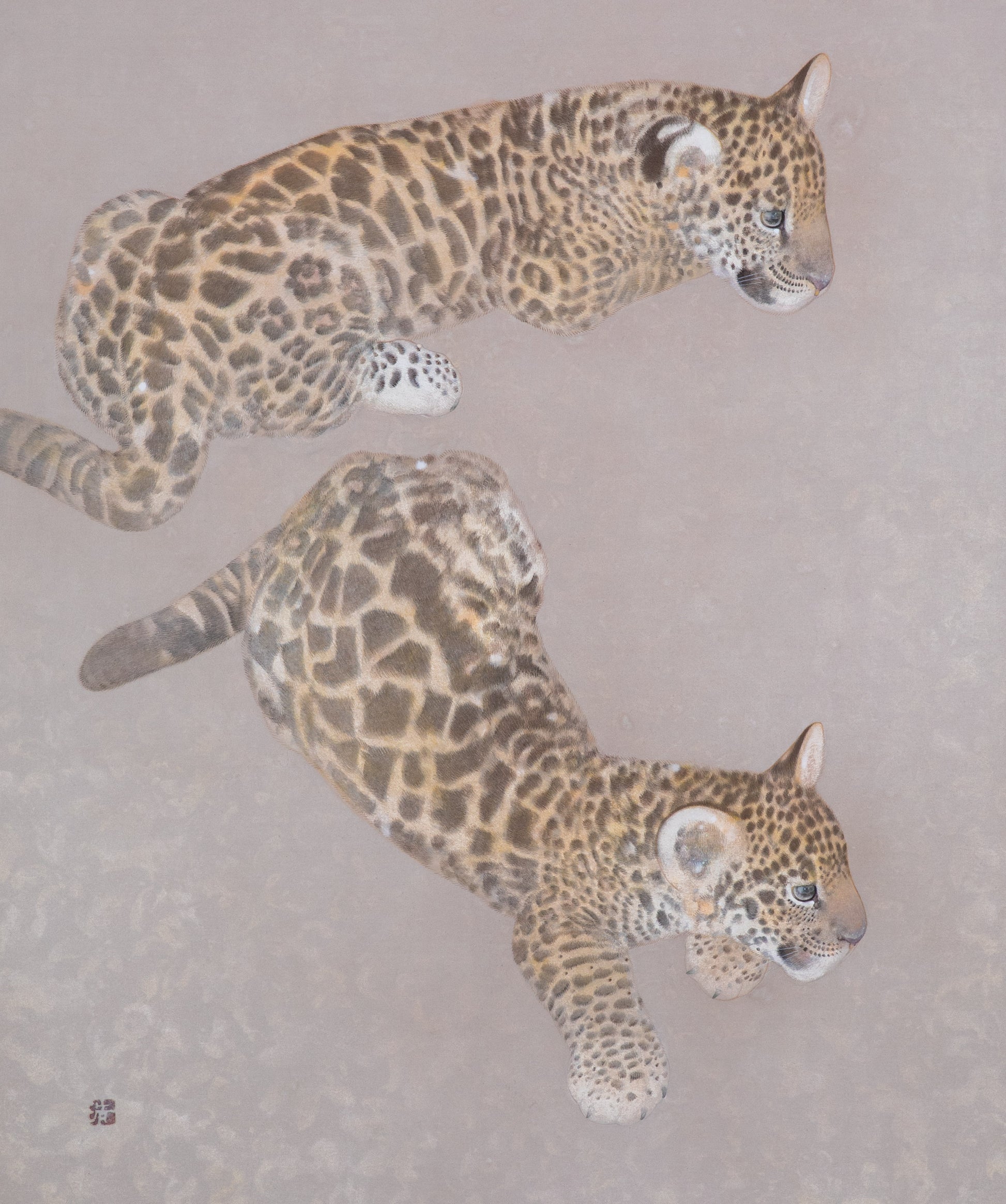 Two young jaguars painting by Koichi Takeuchi in Nihonga style